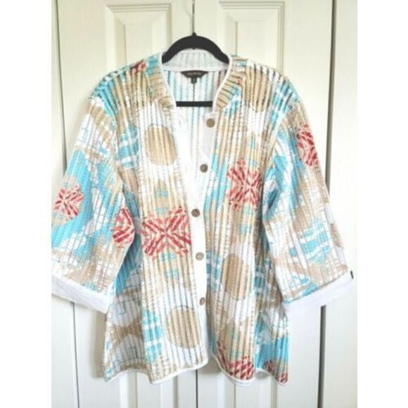 Multiples Women's Jacket Plus 2X Aqua-Tan-Red Multi Color Eyelet‎ Half Slv. NWOT - Picture 1 of 9